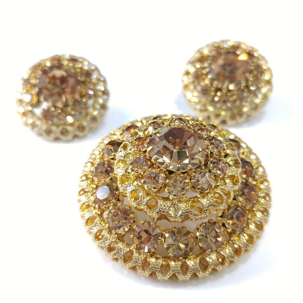 Vintage Austrian Crystal Light Topaz Domed Brooch Earrings Set, Gold Plated